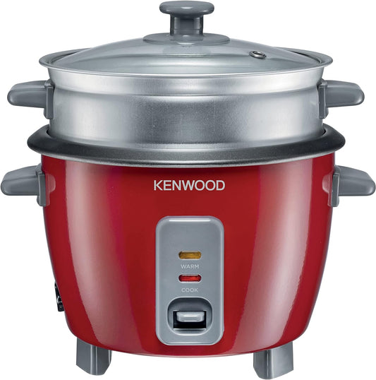 KENWOOD 2-in-1 Rice Cooker 0.6L 3-Cups Rice with Food Steamer Basket, Non-Stick Cooking Pot, Temepered Glass Lid, Warm/Cook Lights, Spatula Holder, Detachable Cord RCM30.000RD Red
