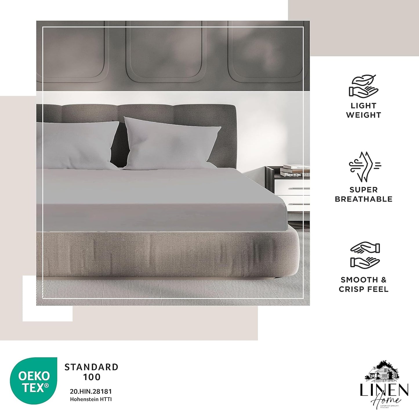 Linen Home 100% Cotton Percale Fitted Sheet Set King Size, Ivory, Deep Pocket, 3 Piece - 1 Deep Pocket Fitted Sheet and 2 Pillowcases, Crisp Cool and Strong Bed Linen