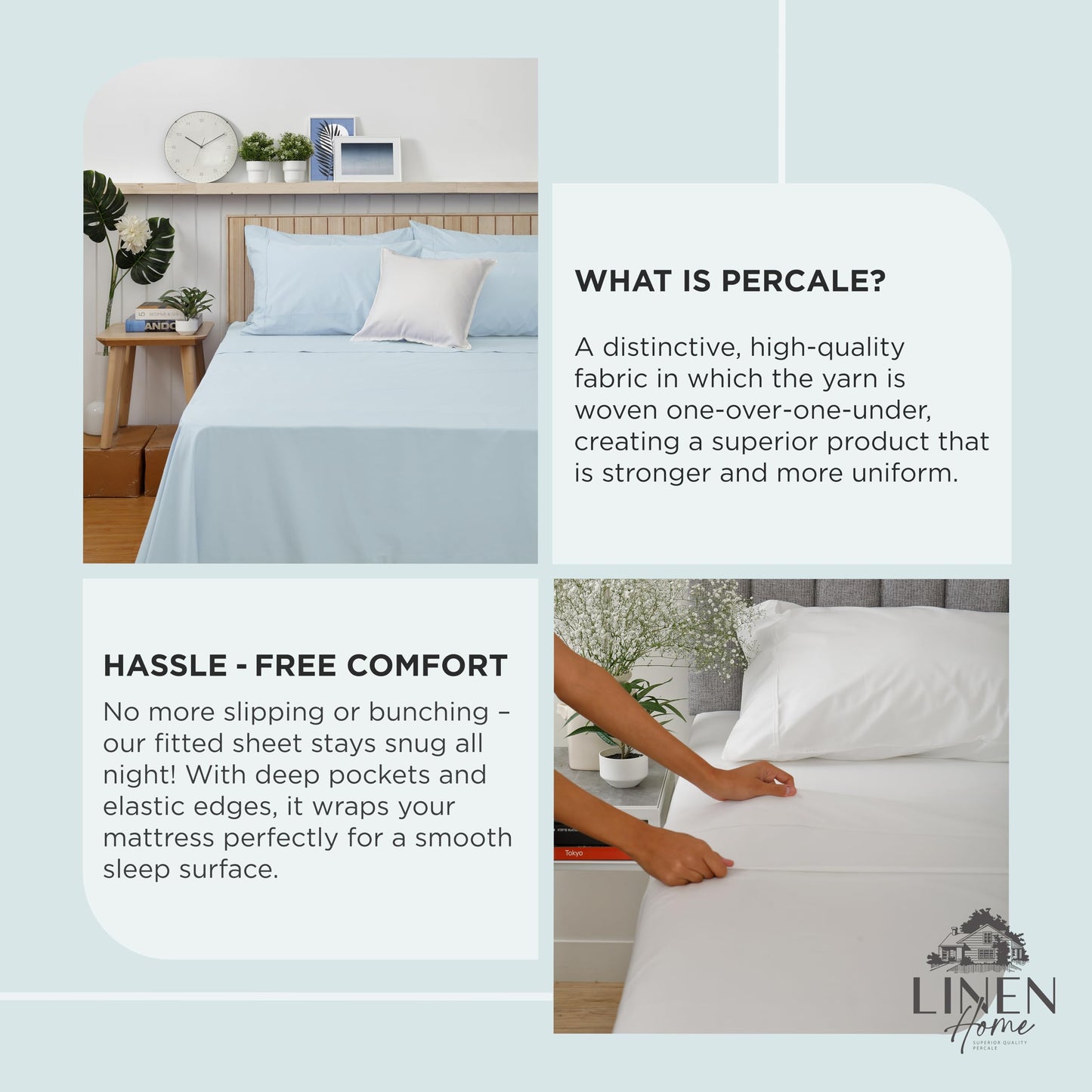 Linen Home 100% Cotton Percale Weave Fitted Sheet, Twin Size, Silver, 1 Deep Pocket Fitted Sheet, Fits Mattress Upto 16" Crisp and Cool Strong Bed Linen, 39"X75"+15"