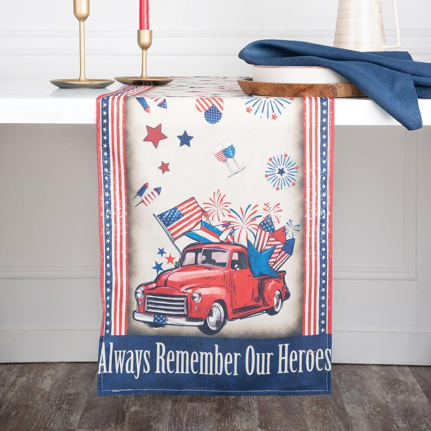 D'Moksha Homes 4th of July Table Runner 36 inches Long, Always Remember Our Heroes, Faux Linen, Fourth of July Table Runner 13x36 Inch, Patriotic Table Runner, Memorial Day Table Runner for Home Party