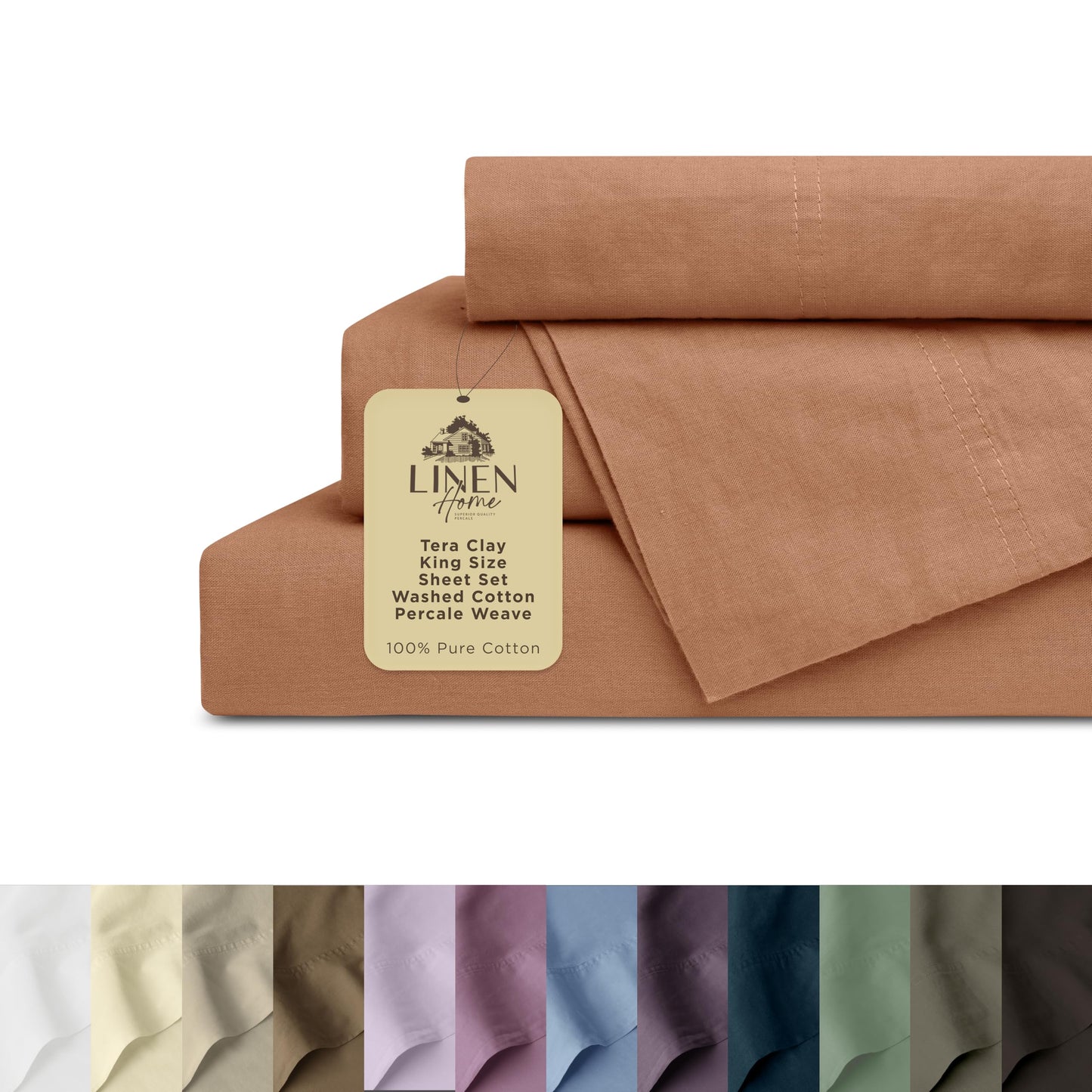 Linen Home Washed Cotton Percale Full Sheet Set, Sage, Preshrunk, 4 Pieces Sets - 1 Flat, 1 Deep Pocket Fitted Sheet & 2 Envelope Closure Pillowcases, Soft, Cool and Comfortable Bed Linen