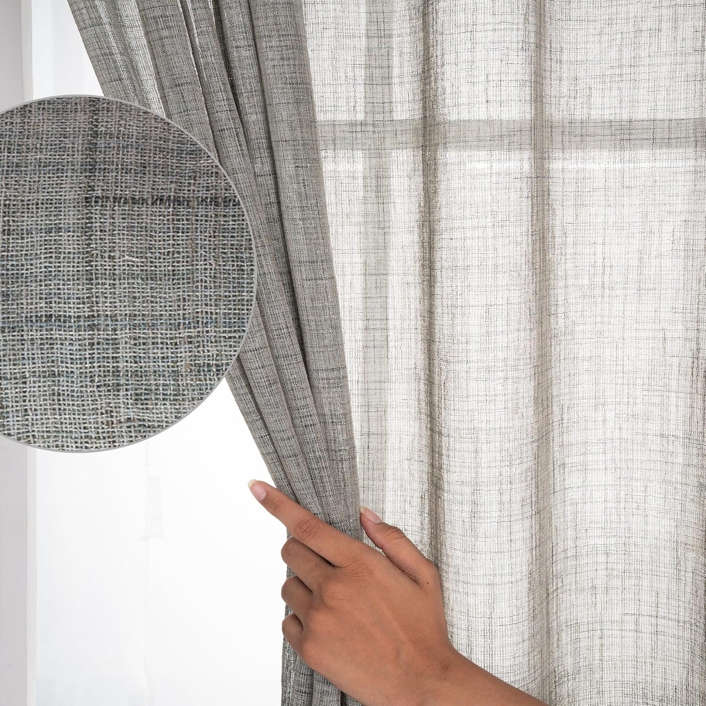 D'Moksha Homes White and Grey Faux Linen Curtains 63 Inches Long - 52 x 63 Inch 2 Panels Light Filtering Rod Pocket Sheer Curtains - Recycled Fabric Faux Jute - Window Treatment for Living Room