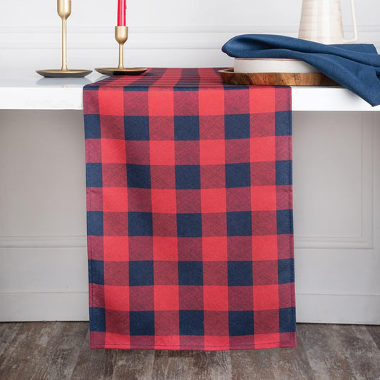 D'Moksha Homes 4th of July Table Runner 36 inches Long - Red and Navy Blue Check, Faux Linen, Fourth of July Table Runner 13 x 36 Inch, Memorial Day Decorations, Patriotic Table Runner for Home Party