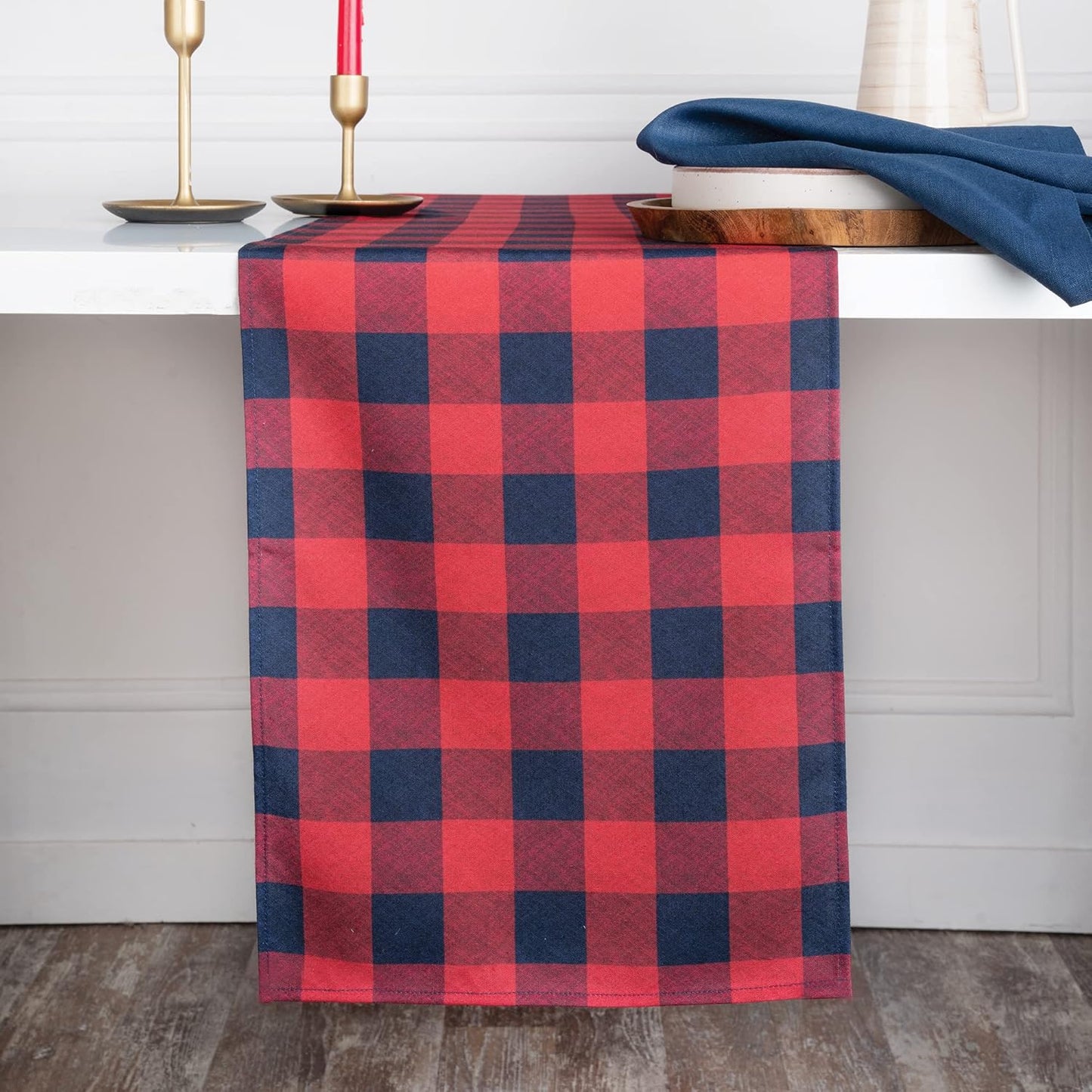 D'Moksha Homes 4th of July Table Runner 72 inches Long - Red and Navy Blue Check, Faux Linen, Fourth of July Table Runner 13 x 72 Inch, Memorial Day Decorations, Patriotic Table Runner for Home Party