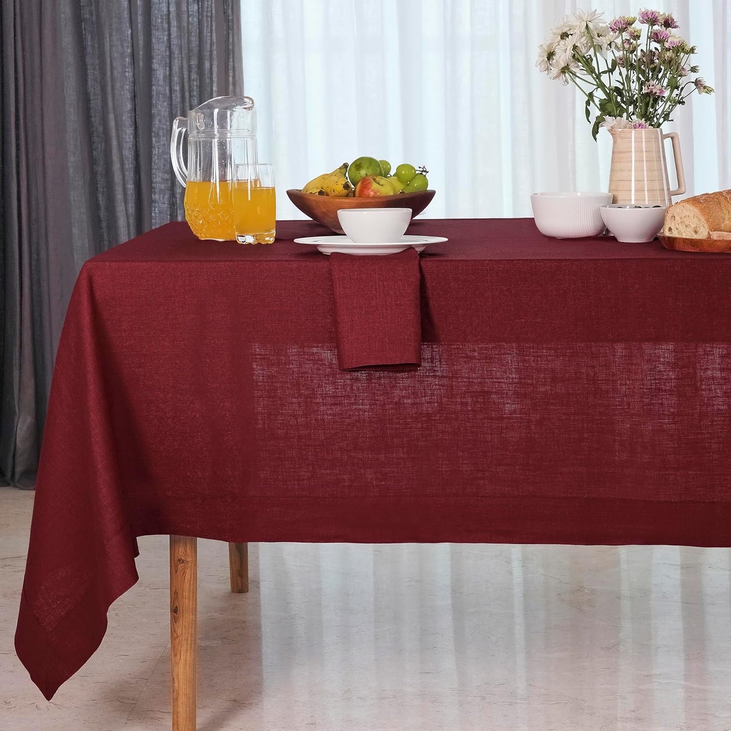 D'Moksha Homes Dark Red Linen Tablecloth 54 x 72 Inch - 100% Pure Linen Tablecloth for Rectangle Tables - Machine Washable Table Cloth for Summer, Fall and Halloween