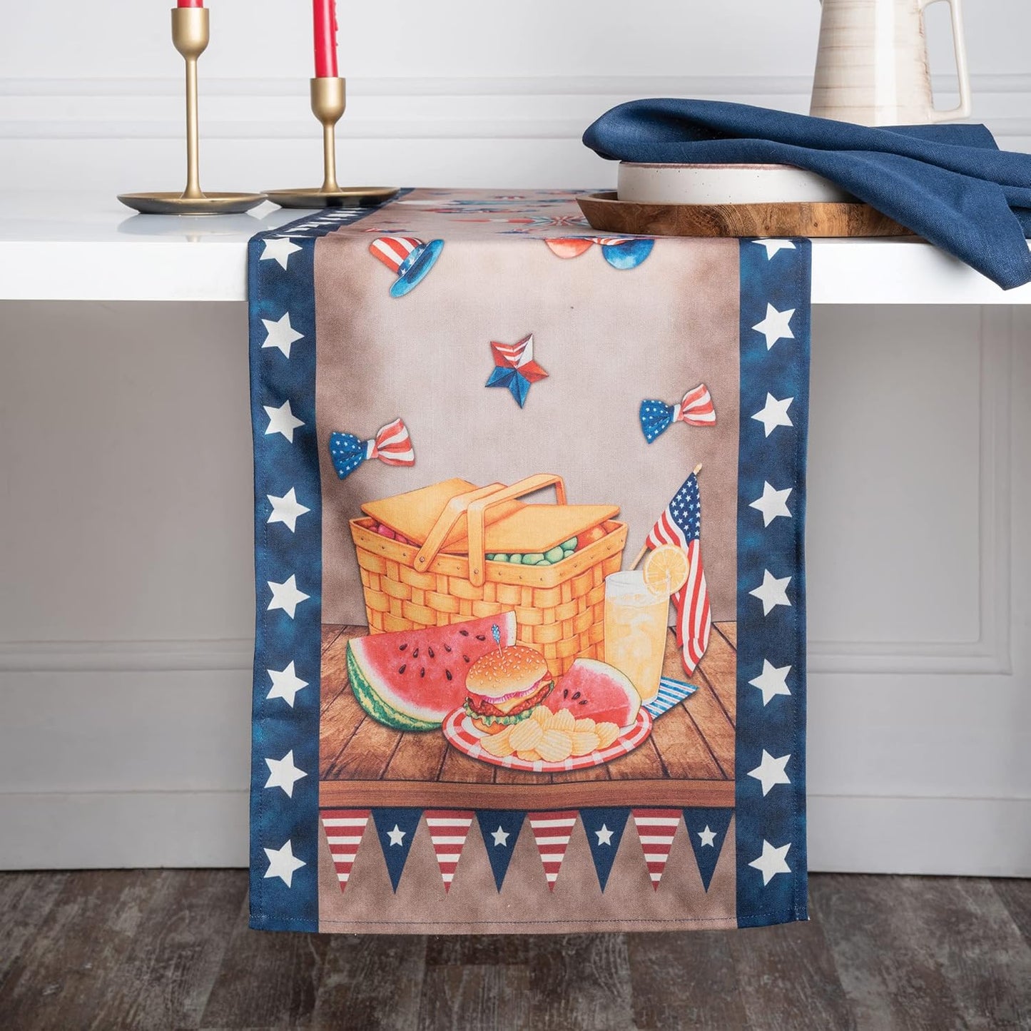 D'Moksha Homes 4th of July Table Runner 48 inches Long - Picnic Basket, Faux Linen, Fourth of July Table Runner 13 x 48 Inch, Memorial Day Decorations, Independence Day Table Runner for Home Party