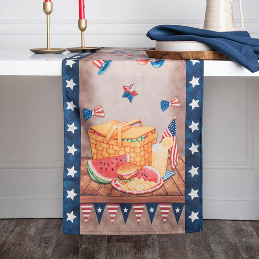 D'Moksha Homes 4th of July Table Runner 36 inches Long - Picnic Basket, Faux Linen, Fourth of July Table Runner 13 x 36 Inch, Memorial Day Decorations, Independence Day Table Runner for Home Party