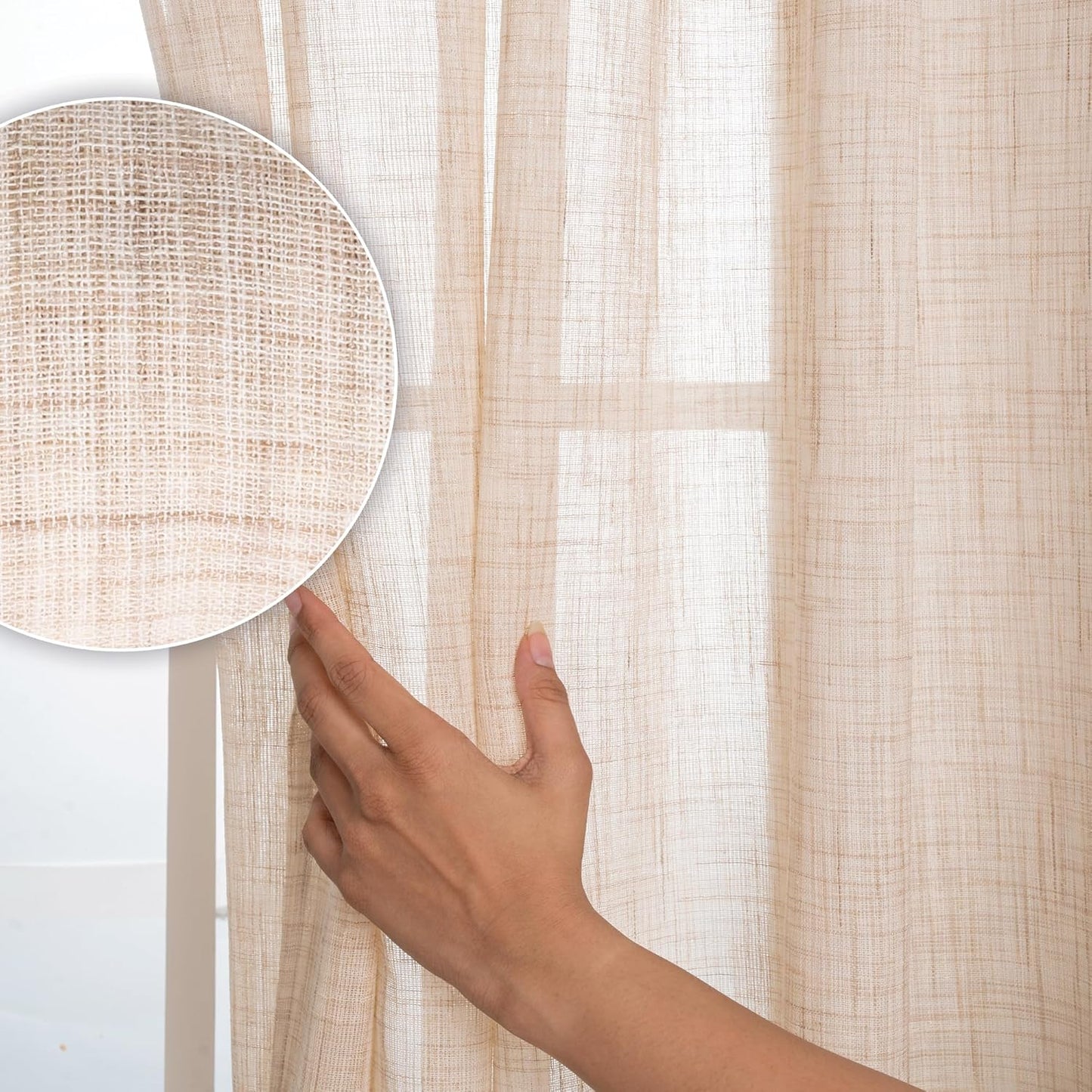 D'Moksha Homes White and Grey Faux Linen Curtains 63 Inches Long - 52 x 63 Inch 2 Panels Light Filtering Rod Pocket Sheer Curtains - Recycled Fabric Faux Jute - Window Treatment for Living Room