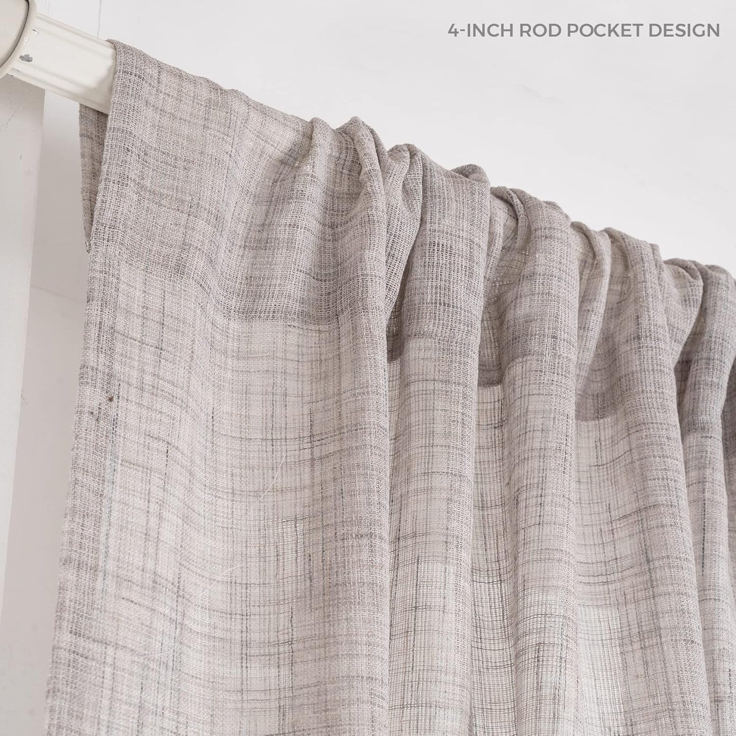 D'Moksha Homes White and Grey Faux Linen Curtains 63 Inches Long - 52 x 63 Inch 2 Panels Light Filtering Rod Pocket Sheer Curtains - Recycled Fabric Faux Jute - Window Treatment for Living Room