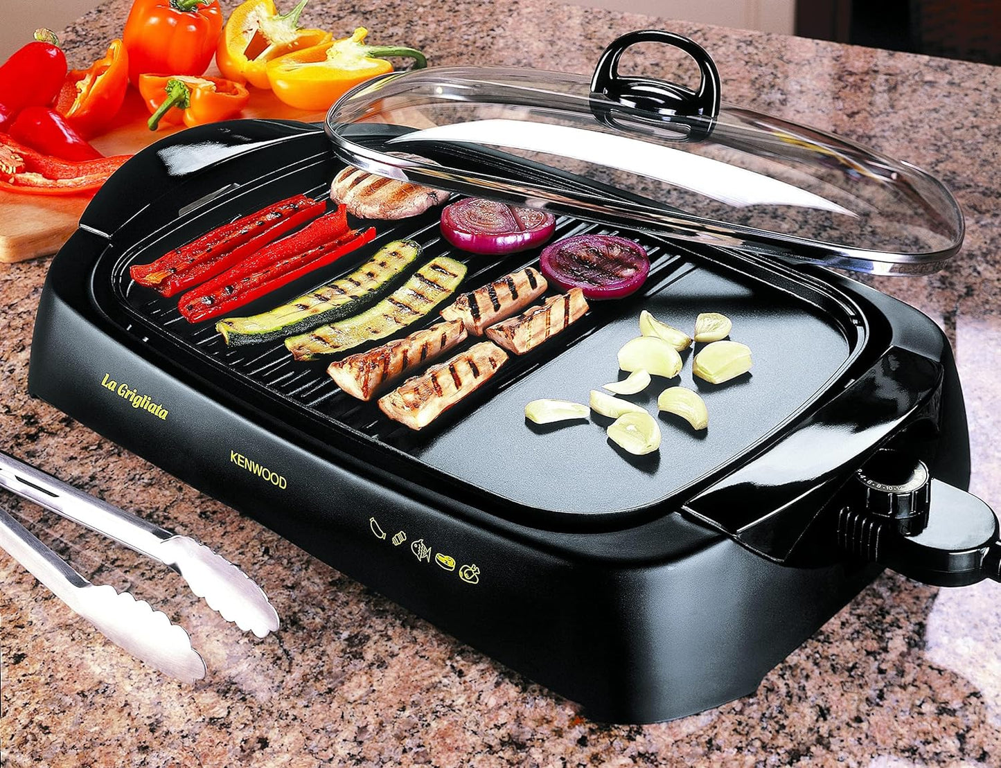 KENWOOD Grill 1700W Contact Health Large Family Sized Griddle with Glass Lid, Variable Temperature Control, Cool Touch Handles - Ideal for Steak, Chicken, Fish, Vegetables HG230 Black
