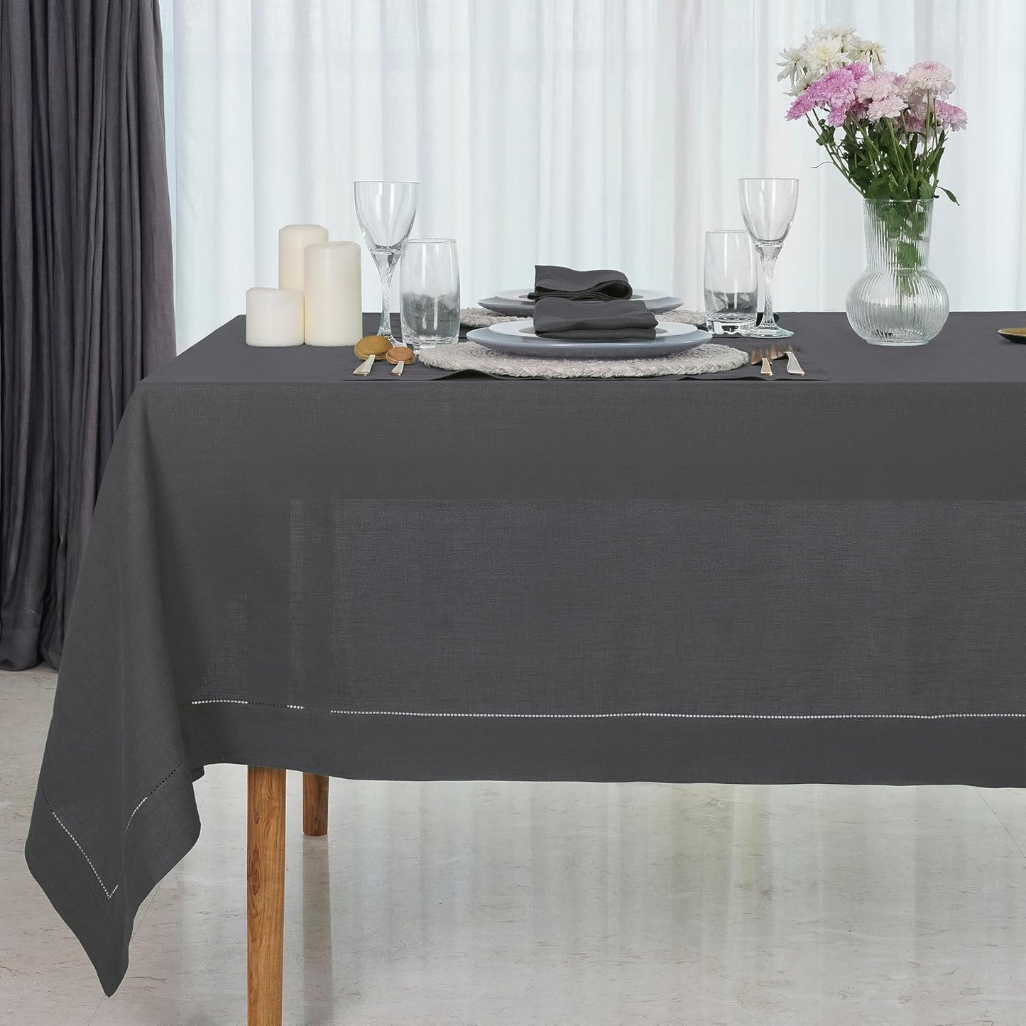 D'Moksha Homes Black Linen Tablecloth for Rectangle Tables 60 x 90 Inch - 100% Pure Linen Black Table Cloth - Classic Hemstitch, Machine Washable Tablecloth for Summer, Fall and Halloween