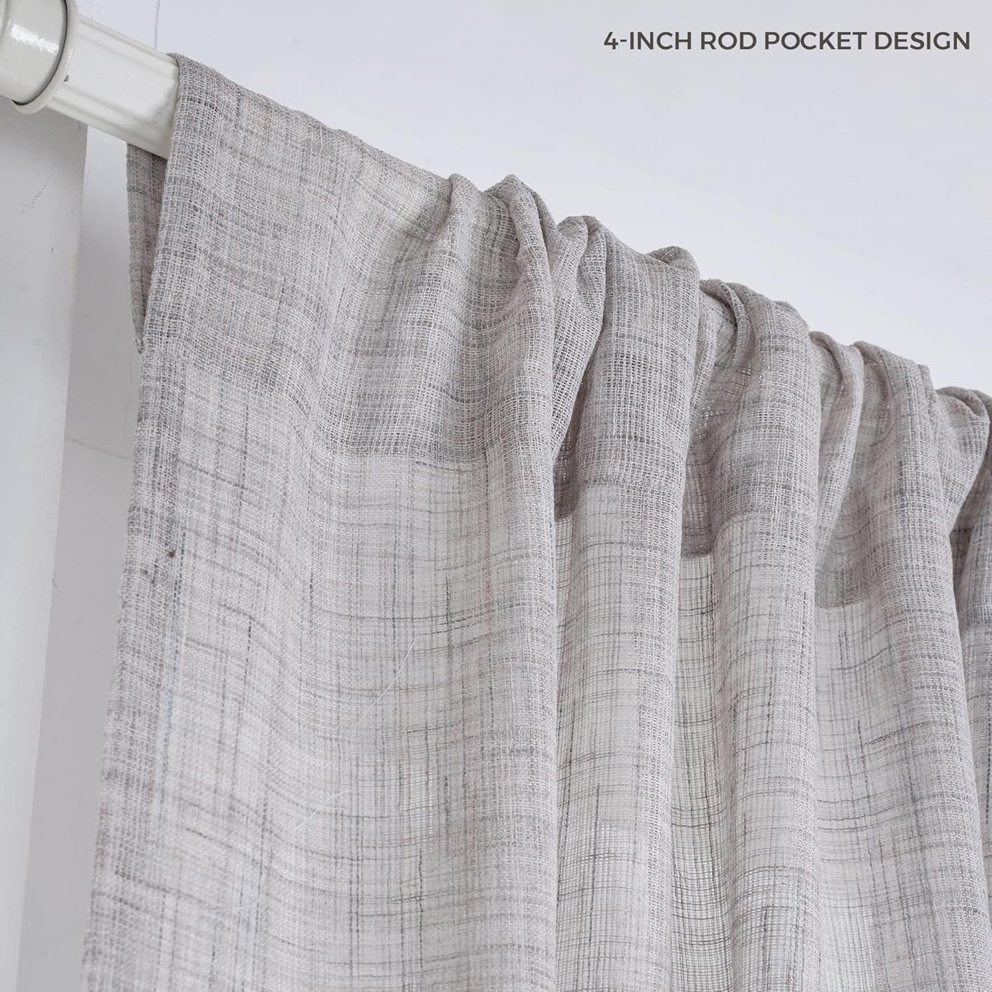 D'Moksha Homes White and Grey Faux Linen Curtains 63 Inches Long - 52 x 63 Inch 2 Panels Light Filtering Rod Pocket Sheer Curtains - Recycled Fabric Faux Jute - Window Treatment for Living Room