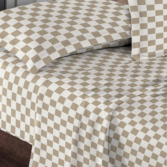Pizuna Cotton Taupe Smart Plaid Print Short King Sheets Set, 400 Thread Count 100% Long Staple Cotton Sateen King Sheets 15 Inch Deep Pocket Cotton Sheets Short King Size Bed (Cotton Printed Sheets)