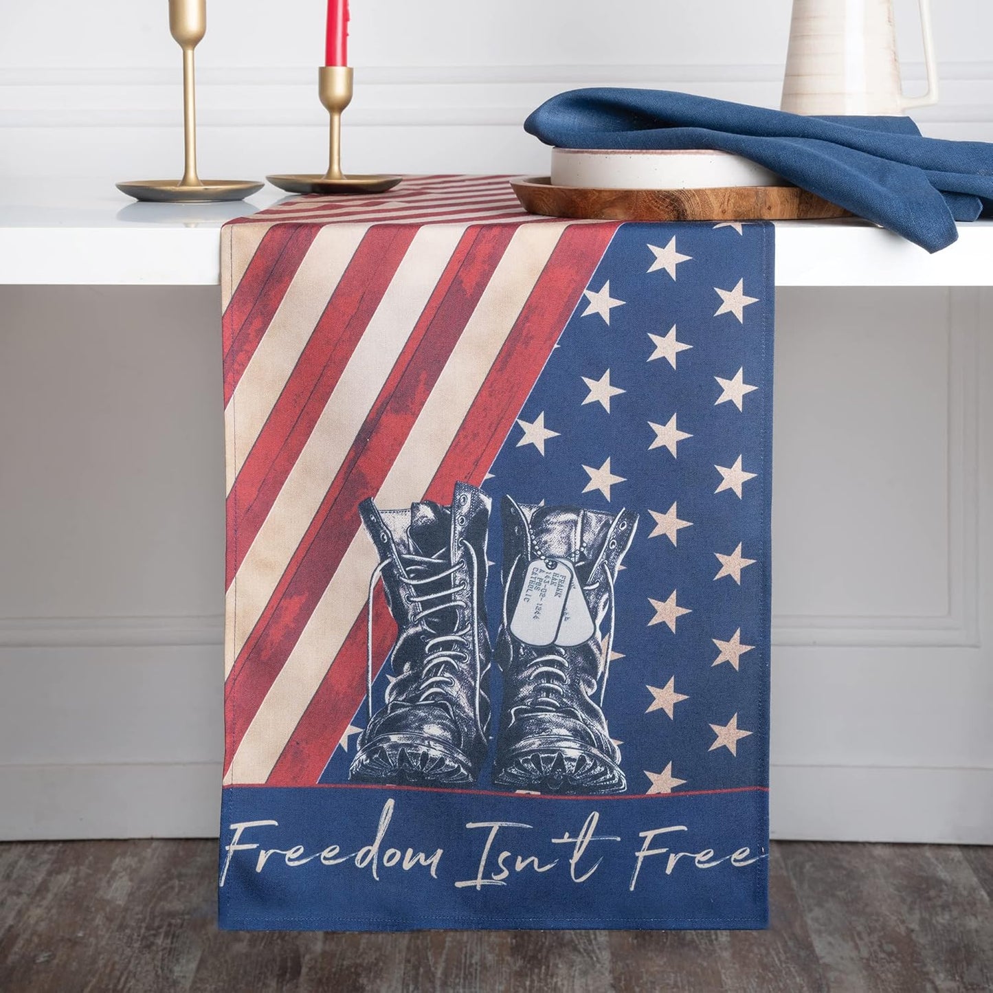 D'Moksha Homes 4th of July Table Runner 48 inches Long - Freedom Isn't Free, Faux Linen, Fourth of July Table Runner 13 x 48 Inch, Americana Flag Table Runner, Memorial Day Table Runner for Home Party