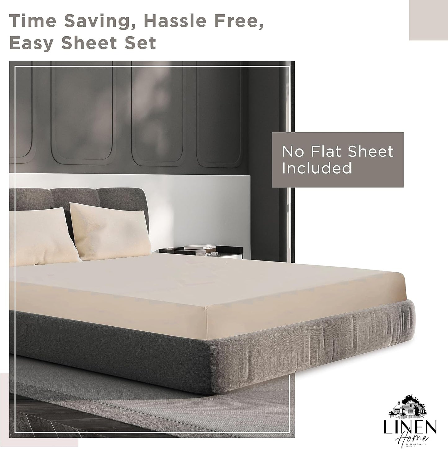 Linen Home 100% Cotton Percale Fitted Sheet Set King Size, Ivory, Deep Pocket, 3 Piece - 1 Deep Pocket Fitted Sheet and 2 Pillowcases, Crisp Cool and Strong Bed Linen