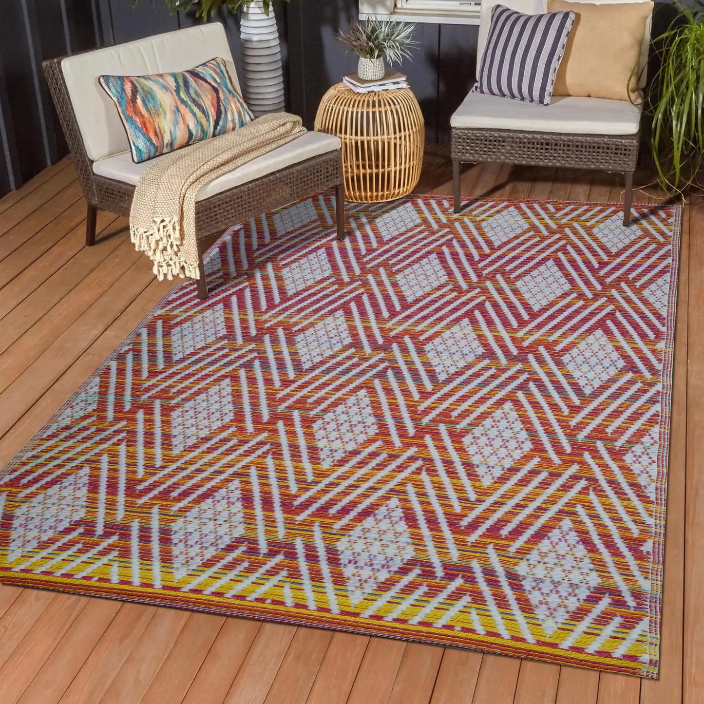 Indoor Outdoor Boho Easy Cleaning Plastic Straw Reversible Medium Area Rug for Backyard Patio Porch Camping Deck Picnic Travel, Orange Dawn & Natural White
