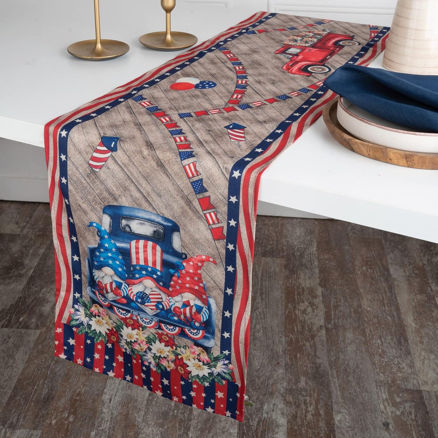 D'Moksha Homes 4th of July Table Runner 48 inches Long - Farmtruck Gnomes, Faux Linen, Fourth of July Table Runner 13 x 48 Inch, Gnomes Table Runner, Patriotic Table Runner for Home Party Decoration
