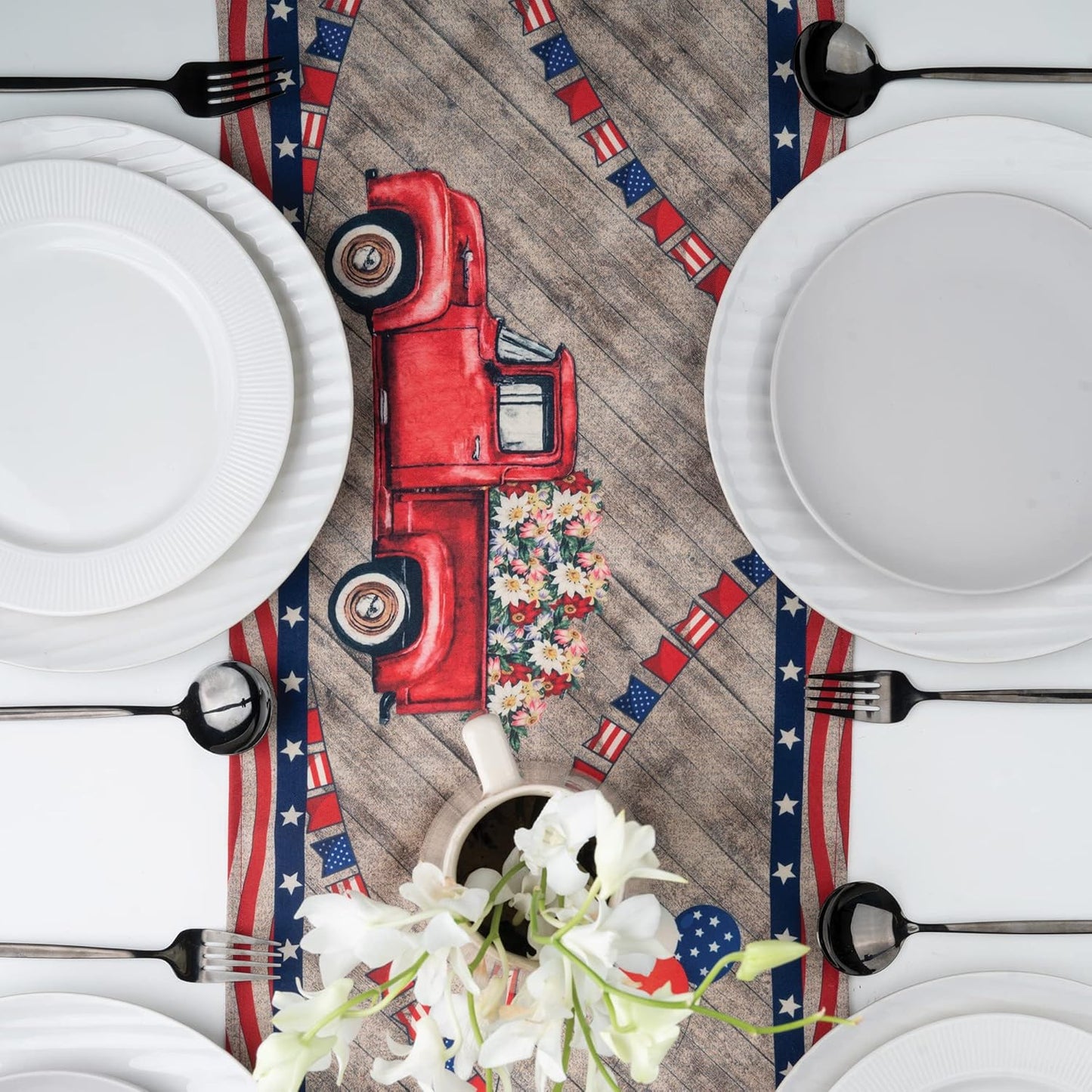 D'Moksha Homes 4th of July Table Runner 90 inches Long - Farmtruck Gnomes, Faux Linen, Fourth of July Table Runner 13 x 90 Inch, Gnomes Table Runner, Patriotic Table Runner for Home Party Decoration