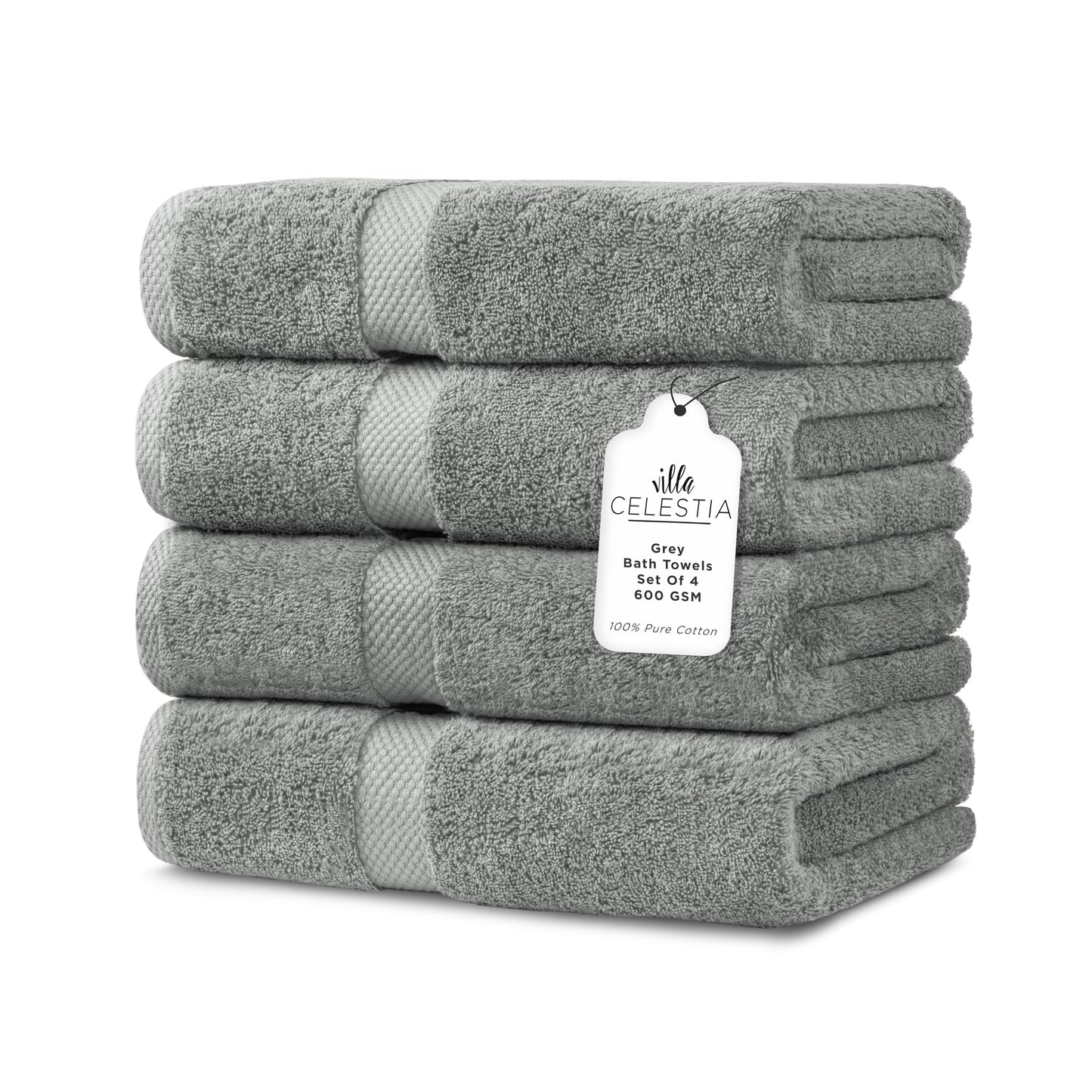 600 GSM 100% Cotton Bath Towels, Grey, Set of 4, Highly Absorbent, Plush, Soft, Quick Dry, 4 Pieces Combed Cotton Luxury Towels for Hotels, Spa, Salon, Bathroom, Dorm, Pack of 4