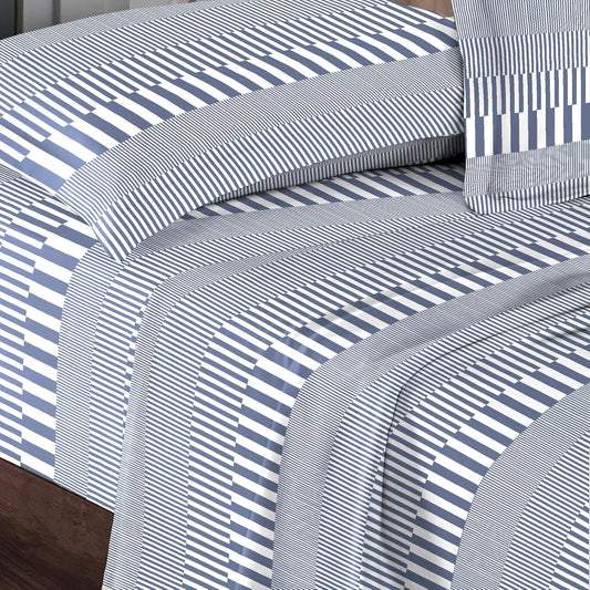 Pizuna Cotton Navy Cascade Stripe Print California King Sheet Sets, 400 Thread Count 100% Long Staple Cotton, Sateen Sheets Cotton Cal King Sheets Deep Pocket of 15 Inch (Printed Cotton Sheets)