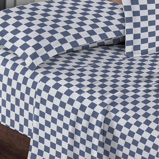 Pizuna Cotton Navy Smart Plaid Print Sheets for Short Queen Size Bed, 400 Thread Count 100% Long Staple Cotton Sateen Sheets, 15 Inch Deep Pocket Short Queen Sheets Set (Printed Cotton Bed Sheets)